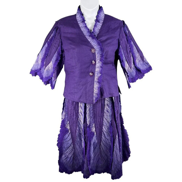 JSong Womens 12 Purple Linen Jacket/Top Skirt Set Angel Wings Design Fairy Goth - Picture 2 of 16